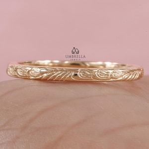 Floral Patterned Minimalist Wedding Band, Stackable Matching Band Solid 14K Yellow Gold Ring, Vintage Wedding Band, Art Deco Promise Band.