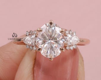 2 CT Oval Cut Moissanite Three Stone Engagement Ring, Pear Cluster Wedding Ring, 14K Rose Gold Vintage Bridal Ring, Promise Gift for Her