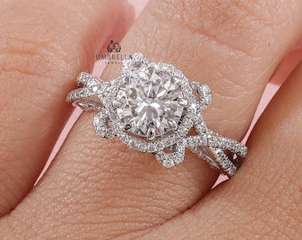 2 CT Round Cut Diamond Split Shank Engagement Ring, 14K White Gold Ring, Art Deco Ring, Promise Ring milgrain ring, Anniversary Gift For Her