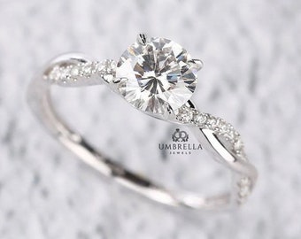 Hearts and Arrows Cut Round Colorless Moissanite Ring | Moissanite Engagement Ring | Wedding Ring | Claw Prong and Twisted Band Bridal Ring