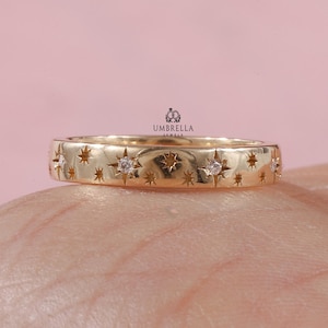 Starburst Moissanite Wedding Band Ring, 14k Solid Gold Band, 3 MM Dainty Star Setting Anniversary Band, Pave Celestial Ring, Gift for Women.