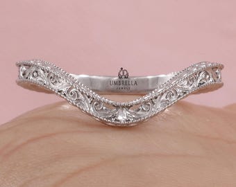 Floral Patterned Curved Band, Filigree Milgrain Edge Wedding Band, Vintage Style Band,Nature Inspired 14K white gold Minimalist Wedding band