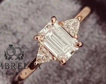 Solid Gold Emerald Cut Moissanite Engagement Ring, Three Stone Promise Ring, Art Deco Ring, Anniversary / Birthday Gift for Woman, Wife, Her