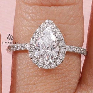 Vintage Pear shaped Moissanite Engagement Ring, Pear Cut Unique 14k White Gold Halo Ring, Wedding Ring Anniversary Ring Proposal Ring.