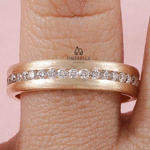 channel set eternity wedding band, Wedding Rings for Men, matte finish Band, 14k Solid Gold Men&#39;s Moissanite Wedding Band, Modern Mens Rings