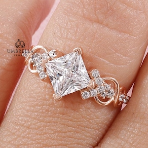 Princess Cut Moissanite Twig Engagement Ring, Twisted Ring, Vintage Art Deco Ring, 14k Rose Gold Ring, Ring For Woman, HandMade Ring For Her