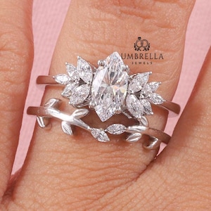 Unique Marquise cut Moissanite engagement ring set Cluster White gold Engagement ring Vintage leaf  wedding Band, bridal Anniversary gift.