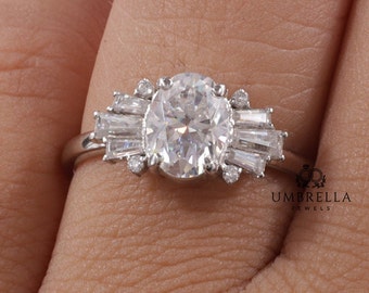 Anillo de compromiso de corte ovalado, anillo de bodas con corte baguette y racimo floral redondo, anillo de oro macizo de 14k, anillo Art Déco para ella. Anillo hecho a mano.