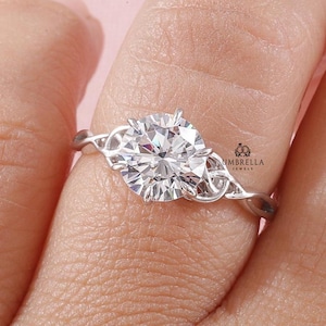 14k Celtic Knot Engagement Ring, Solid Gold Round Solitaire Ring, Twisted Irish Ring, Moissanite Ring, Handmade Jewelry, Anniversary Gift.