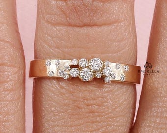 Scattered Diamond Cluster Wide Wedding Band Ring, Flush Set Band, 14k Gold Thick Band, Dainty Promise Ring for Women, Stackable Wedding Band