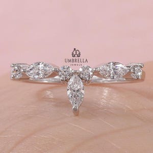 Marquise Cut Diamond Cluster Wedding Band, 14K White Gold Band, Half Eternity Wedding Band, Stackable Band, Anniversary Gift For Women.