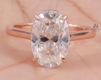 3 CT klassischer Ovalschliff Solitärring, 3 CT Länglicher Ovalring, 10K Goldring für Frauen versteckter Halo-Ring Jubiläumsgeschenk, handgemachtes Geschenk.