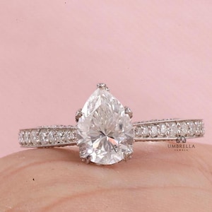 3 CT Pear Cut Moissanite Engagement Ring Vintage Pear Shaped Wedding Ring 14K White Gold Anniversary Ring Promise Ring Anniversary Gift