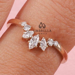 Marquise & Round Cut Moissanite Wedding Band, The Nesting Anniversary Band, Curved Stackable Proposal Band, Unique Matching Band For Her