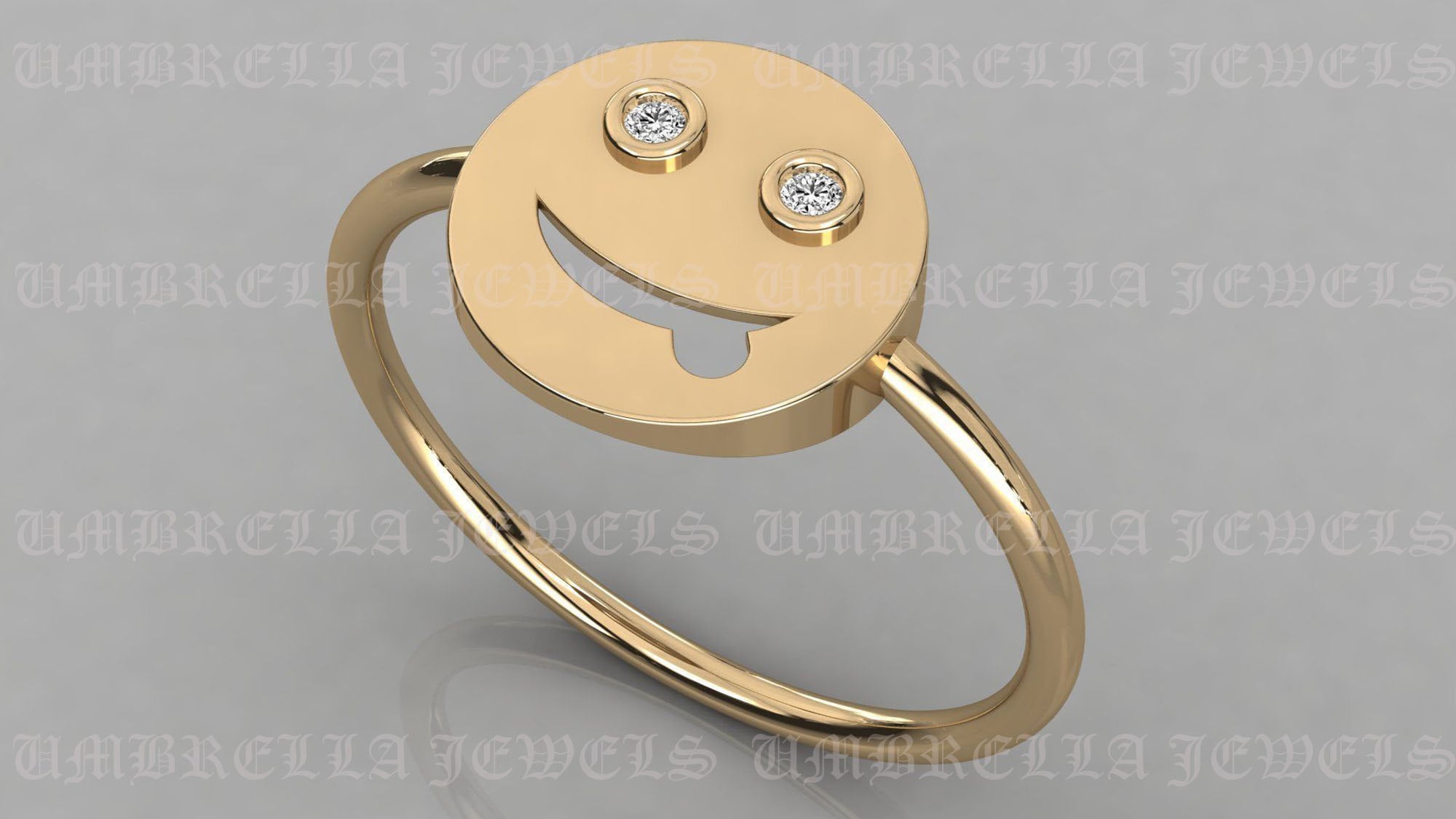 Gold Natural Diamond Emoji Tiny Ring 14k Gold Happy Smiley Etsy