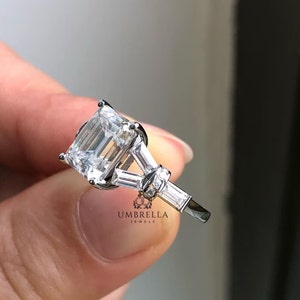 2.5 CT Emerald Cut Colorless Moissanite Ring, Three Stone Engagement Ring, Side Tapered Baguette Moissanite, Claw Prongs, Anniversary Gift image 4