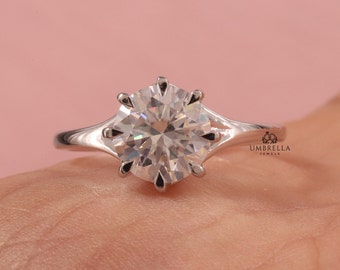 Round Cut Moissanite Solitaire Engagement Ring, White Gold 6 Prong Cathedral Ring, Architectural Chevron Basket Wedding Ring, Gift for Her