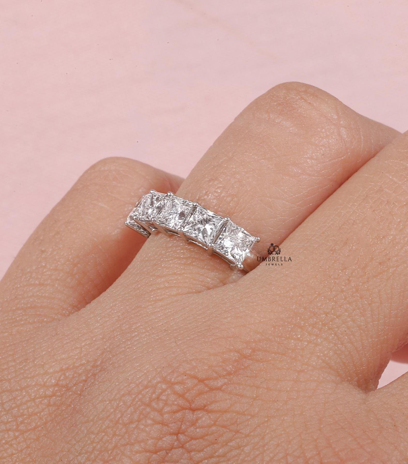 Princess Cut Five Diamond Engagement Ring, 14k White Gold Ring