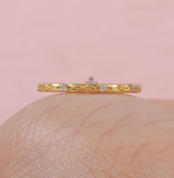 Half Eternity Diamond and Stars Ring 2mm Band, Hand Engraved Star Celestial Inspired Constellation Unique band for her,14K Gold Wedding Band