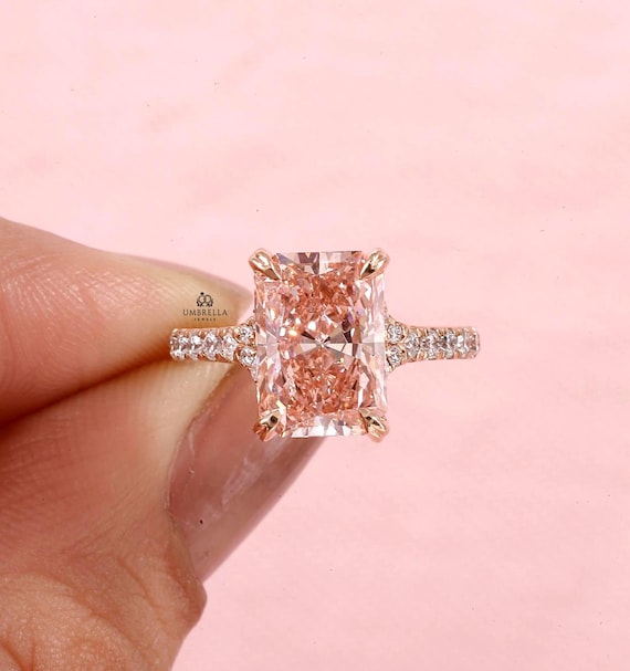pink diamond dress ring 3 Carat Pink Radiant Cut Lab Grown Diamond Solitaire Engagement Ring,  Diamond Split Style Ring, Rose Gold Unique Ring Prong Set Ring for Her