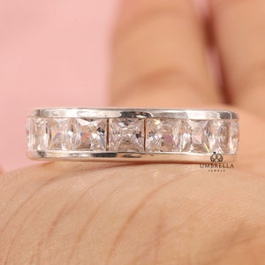Channel Set Eternity Wedding Band, Princess Cut Moissanite  Wedding Band, 14k White Gold Band, Stackable Band, Anniversary Gift For Woman.