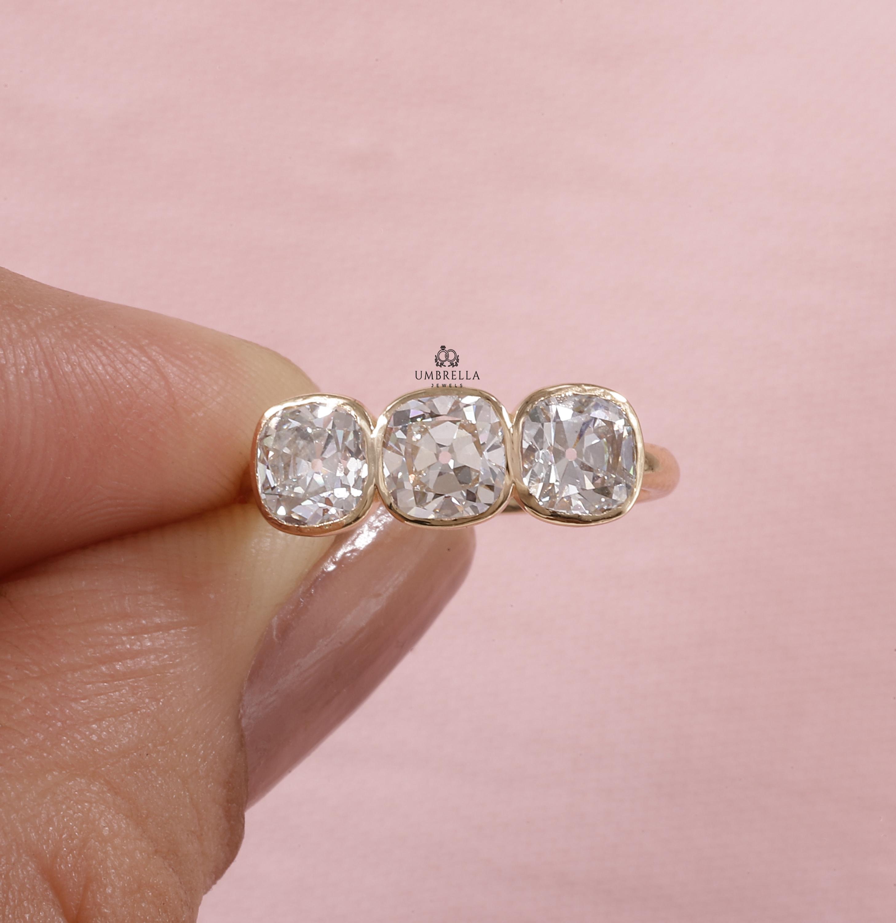 Old European cut Moissanite Three Stone Ring, Bezel Set Cushion Cut Wedding Ring, 14k yellow Gold Ring, Anniversary Gift, Ring For women.