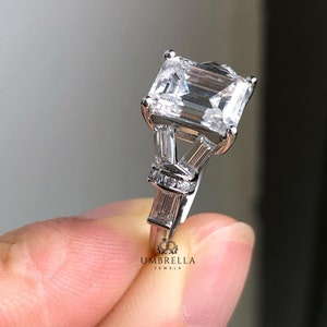 2.5 CT Emerald Cut Colorless Moissanite Ring, Three Stone Engagement Ring, Side Tapered Baguette Moissanite, Claw Prongs, Anniversary Gift image 2