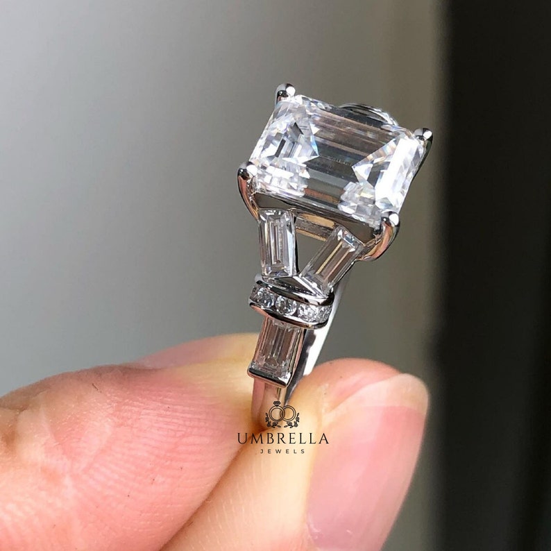 2.5 CT Emerald Cut Colorless Moissanite Ring, Three Stone Engagement Ring, Side Tapered Baguette Moissanite, Claw Prongs, Anniversary Gift image 2