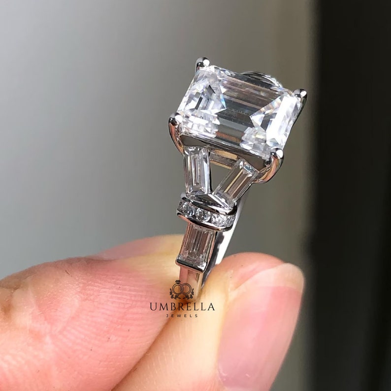 2.5 CT Emerald Cut Colorless Moissanite Ring, Three Stone Engagement Ring, Side Tapered Baguette Moissanite, Claw Prongs, Anniversary Gift image 5