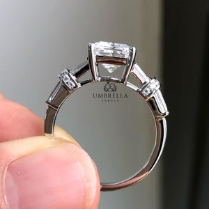 2.5 CT Emerald Cut Colorless Moissanite Ring, Three Stone Engagement Ring, Side Tapered Baguette Moissanite, Claw Prongs, Anniversary Gift image 3
