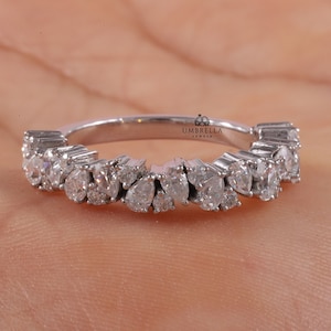 Minimalist Pear And Round Cut Moissanite Wedding Band, 14k Gold Half Eternity Band Vintage Style Stacking Ring Bridal Matching Band