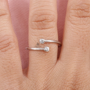 Bezel Set Round Moissanite Open wedding Ring, 14k white Gold Bypass Ring, Open Cuff Minimalist Ring, Adjustable Stackable Ring, Gift For Her