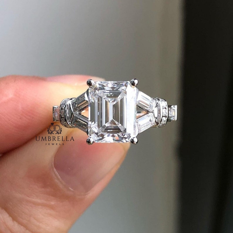 2.5 CT Emerald Cut Colorless Moissanite Ring, Three Stone Engagement Ring, Side Tapered Baguette Moissanite, Claw Prongs, Anniversary Gift image 1