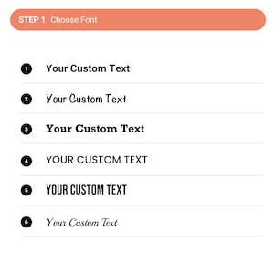 May include: A graphic showing six different font styles with the text "Your Custom Text" in each style. The graphic is a step-by-step guide for choosing a font.