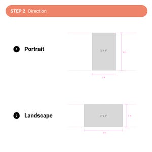 May include: Diagram showing the difference between portrait and landscape image orientations. The portrait orientation is 2 inches wide by 3 inches tall. The landscape orientation is 3 inches wide by 2 inches tall.