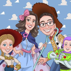 Disney style Custom Portrait for Family, Couple, Best Friend Personalized Gift Ideas, Fairy tale Disneyland Portrait cartoon drawing