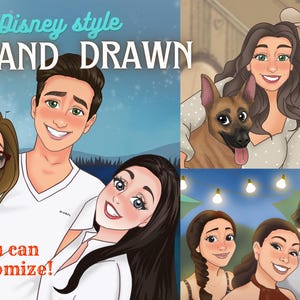 Benutzerdefinierte Porträt für Familie, Paar, beste Freundin personalisierte Geschenkideen, Märchen Disneyland Porträt-Karikaturzeichnung