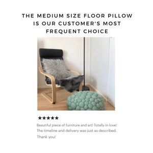May include: A modern living room scene featuring a black chair with a gray fur pillow and throw. A round, light green floor pillow is in the foreground. Text reads: "THE MEDIUM SIZE FLOOR PILLOW IS OUR CUSTOMER'S MOST FREQUENT CHOICE."