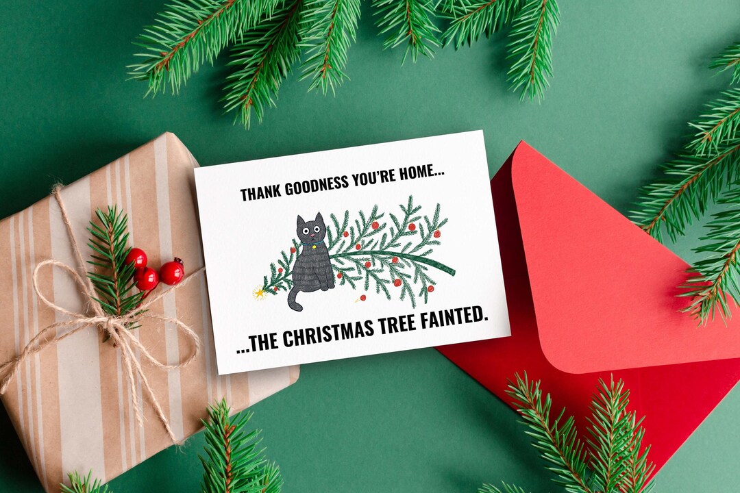 Printable Christmas Card, Cat and Christmas Tree, Instant Download, 5 X ...