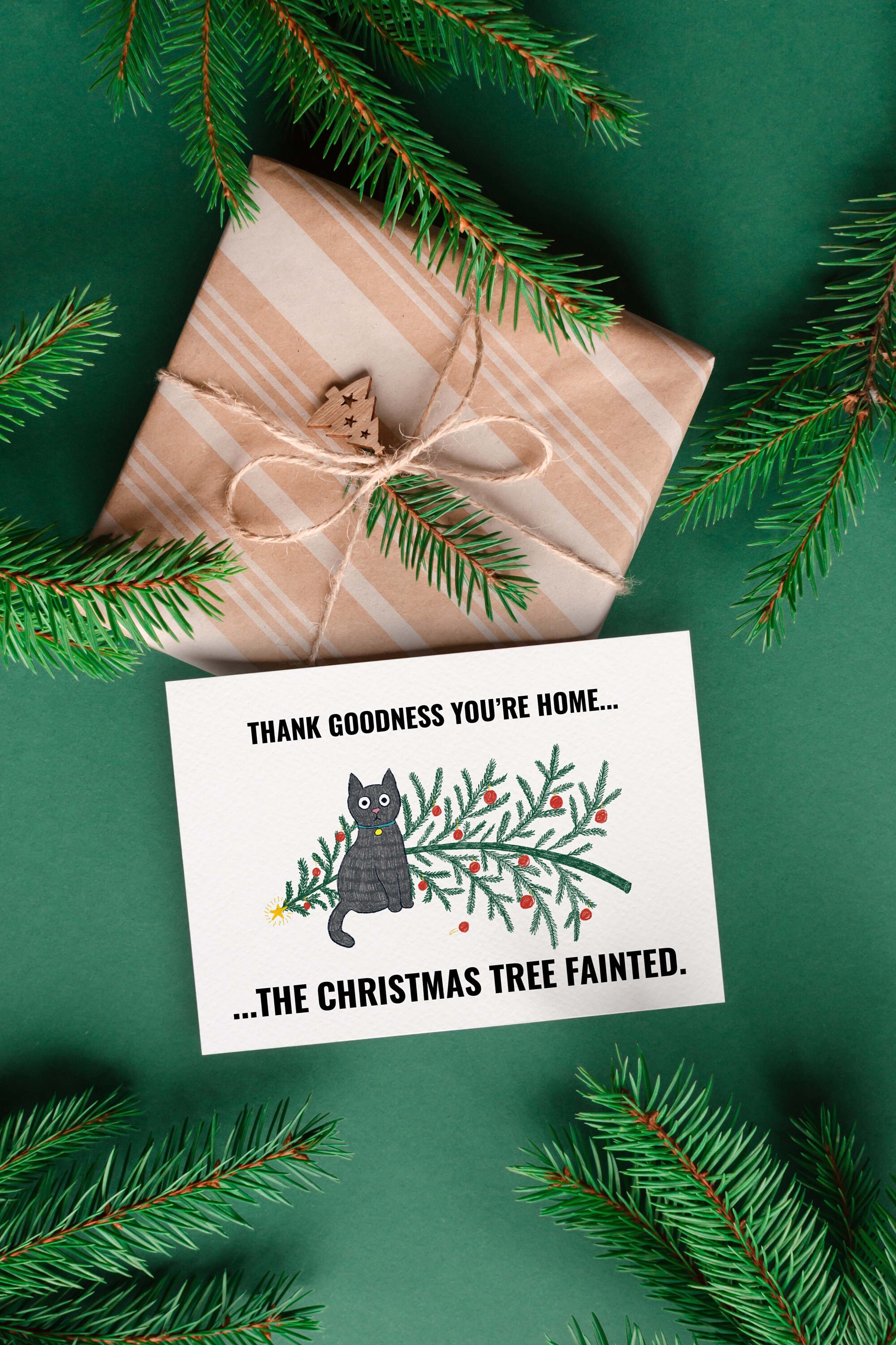 Printable Christmas Card, Cat and Christmas Tree, Instant Download, 5 X ...