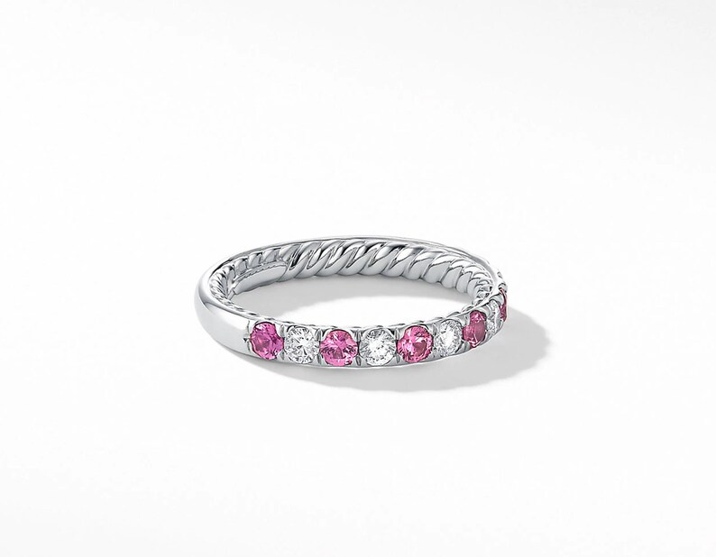 Loving Silver Handmade Natural Sapphire,Pink Quartz,Tsavorite,White Topaz Gemstones Female Eternity Wedding Band In WhiteYellowPink Color