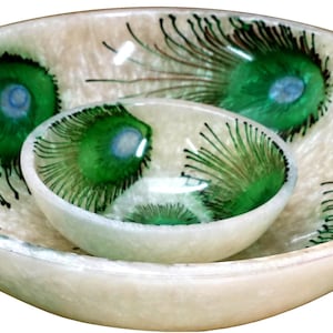 Decorative resin bowls / Set of 2 pieces / Salad Bowl / Decorative Peacock Feather Design