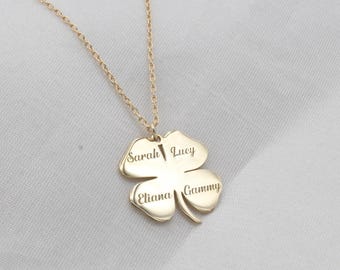 Personalized Clover Family Necklace, Custom Name Gold Pendant, Four Leaf Clover Jewelry, Engraved Gift For Mom, Grandma, Birthday Gift