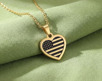 American Flag Heart Necklace, Black Enamel Patriotic USA Pendant, Dainty Chain