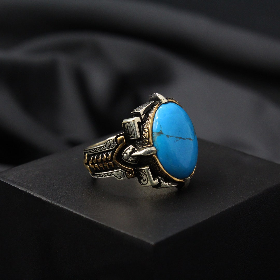 Mens Turquoise Ring/ Genuine Natural Turquoise/ Men's 925 Silver Ring ...