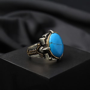 Mens Turquoise Ring/ Genuine Natural Turquoise/ Men&#39;s 925 Silver Ring/  Handcrafted Oval Ottoman Ring For Man/ Jewelry for Men/ Gift for Him