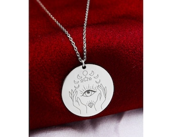 Eyed Moon Phases Necklace , Eye Necklace , Moon Lover , Minimalist Jewelry , 925 Sterling Silver