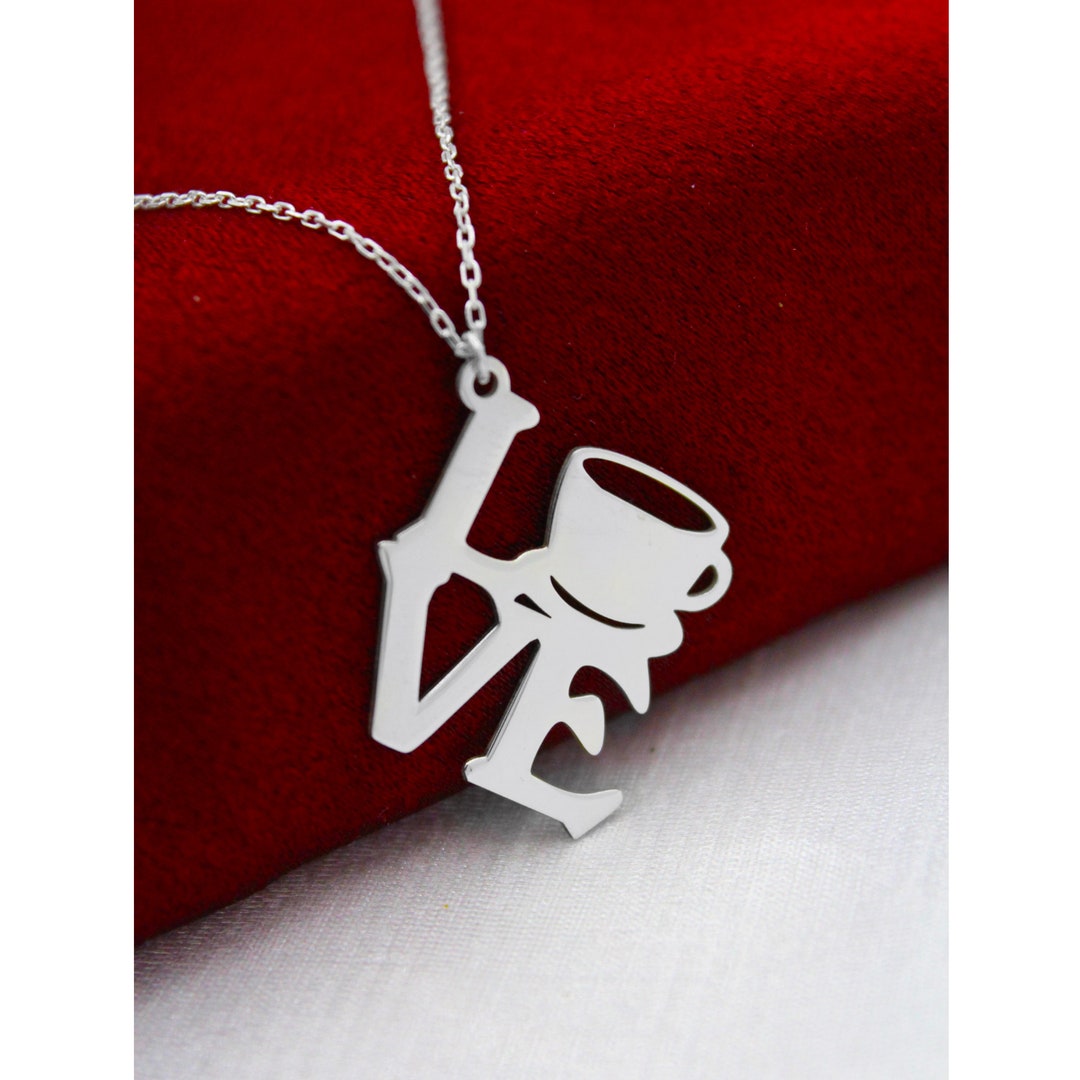 Love Lettering Cup Necklace , Coffee Lover Necklace , 925 Sterling