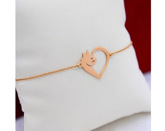 Bracciale gatto cuore in argento sterling 925, braccialetto amanti dei gatti, braccialetto gatto, regalo per la mamma, amanti dei gatti, donne per braccialetto, regalo per lei