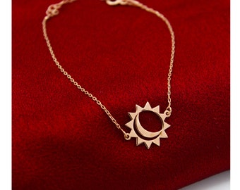 Bracciale Sole Luna in argento sterling per donna/Bracciale minimalista con luna e sole/Ciondolo Sole Luna placcato oro/Regalo di San Valentino
